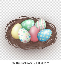 Realistic three dimensional bird's nest with colorful painted Easter eggs with various pattern on transparent background. 3d pastel colored eggs in a nest as a decoration element for Easter holiday