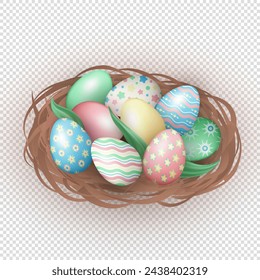 Realistic three dimensional bird's nest with colorful painted Easter eggs isolated on transparent background. 3d pastel colored eggs in a nest as a decoration element for Easter holiday