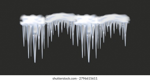 Realistic three dimensional icicles illustration isolated on transparent background featuring frozen winter ice formations and glossy cold hanging crystals