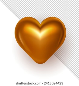 Realistic three dimensional romantic golden heart isolated on transparent background with clipping path. 3d metallic shiny heart as a love symbol decoration for St. Valentine's Day or Mother's Day . 