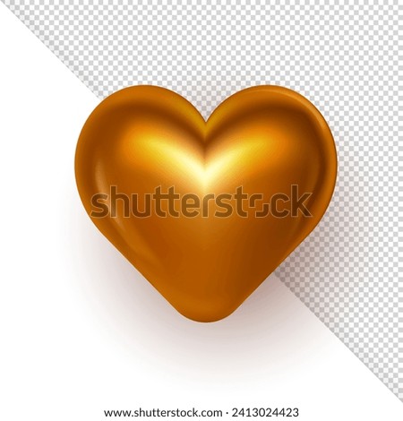Realistic three dimensional romantic golden heart isolated on transparent background with clipping path. 3d metallic shiny heart as a love symbol decoration for St. Valentine's Day or Mother's Day . 