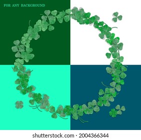 Realistic three and four leaf clover frame, wreath. Clover leaf with dew drops. Holiday symbol, mascot. Vector for any background color