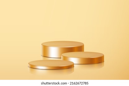 Realistic three golden blank product step podium scene isolated on gold background. Geometric metallic round shape for product branding. Gold cylinder mock up scene. 3d vector illustration background