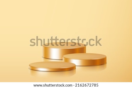 Realistic three golden blank product step podium scene isolated on gold background. Geometric metallic round shape for product branding. Gold cylinder mock up scene. 3d vector illustration background Zdjęcia stock © 