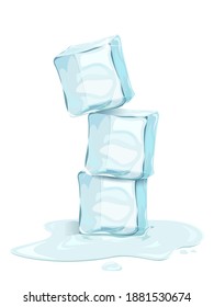 Tres cubos de hielo realistas con gotas de agua en la ilustración del vector de fondo blanco