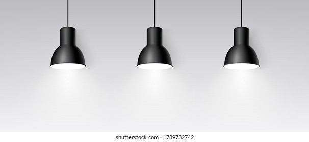 Realistic three lamp hanging from the ceiling. Bright lighting. Three black decorative ceiling lamps. Modern pendant lamp - stock vector.