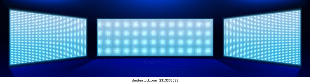 Tres pantallas LED realistas en el escenario. Ilustración vectorial de pantallas LCD grandes con luces de neón azul y blanco punto. Antecedentes de la actuación, sala de conciertos, teatro moderno, decoración de discoteca