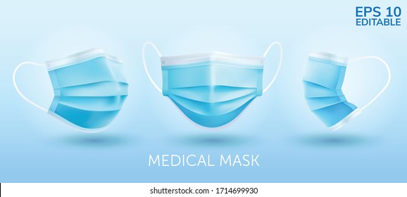 Realistic Three perspective angles blue surgical mask in vector isolated