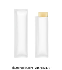 Realistic three seal stick pack for products of the cosmetic industry on white background. Possibility use for granulated, powder and liquid products. Vector illustration.
