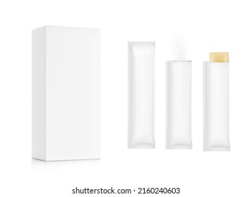 Realistic three side seal stick mockup with cardboard box for products isolated on white background. Possibility use for granulated, powder or liquid products. Vector illustration. EPS10.	