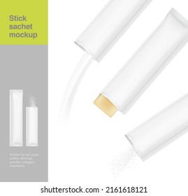 Realistic three side seal stick mockup for granulated, powder, soft or liquid products. Vector illustration isolated on white background. EPS10.