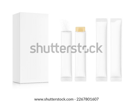 Realistic three side seal stick mockup with cardboard box for products isolated on white background. Possibility use for granulated, powder or liquid products. Vector illustration. EPS10.	