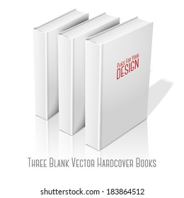 Realistic three standing white blank hardcover books with reflection. 