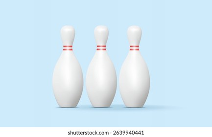 Realistic three white bowling pin line up on pastel background. champion sport game indoor activity entertainment skittle object design icon Minimal cartoon style. 3d vector render illustration