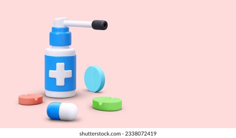 Realistic throat spray, pills. Advertising of popular forms medicines. Health care. Horizontal poster with place for text, logo, date. Pharmacy web concept