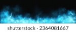 Realistic thunder light and blue smoke cloud bottom frame. Mysterious lightning glow border wide panoramic element. Fluffy magic spell mist glowing with bolt energy charge overlay turquoise design