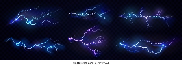 Realistic thunderstorm electric lightning effect with glowing and shining. Vector illustration, isolated thunderbolt flare on black background. Neon burst or dazzle at sky, weather condition