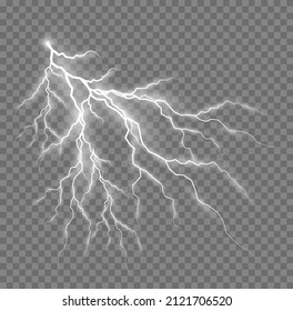 Realistic thunderstorm and lighting. Bolt lightning or electricity blast storm or thunderbolt on transparent background. Light and shine, abstract, electricity and explosion. Vector illustration. 