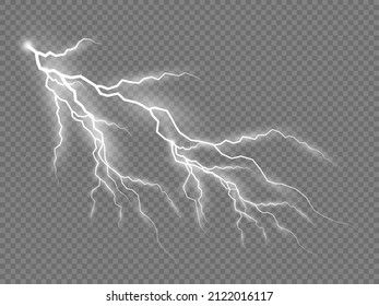 Realistic thunderstorm and lighting. Bolt lightning or electricity blast storm or thunderbolt on transparent background. Light and shine, abstract, electricity and explosion. Vector illustration. 