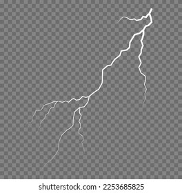 Realistic thunderstorm and lighting. Bolt lightning or electricity blast storm or thunderbolt on transparent background. Light white and shine, abstract, electricity and explosion. Vector illustration