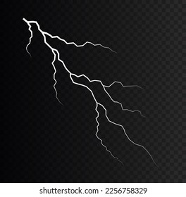 Realistic thunderstorm and lighting. Bolt lightning or electricity blast storm or thunderbolt on transparent background. Light white and shine, abstract, electricity and explosion. Vector illustration