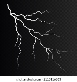 Realistic thunderstorm and lighting. Light and shine, abstract, electricity and explosion. Bolt lightning or electricity blast storm or thunderbolt on transparent background. Vector illustration. 