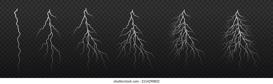 Realistic thunderstorm and lighting. Light and shine, abstract, electricity and explosion. Bolt lightning or electricity blast storm or thunderbolt on transparent background. Vector illustration. 