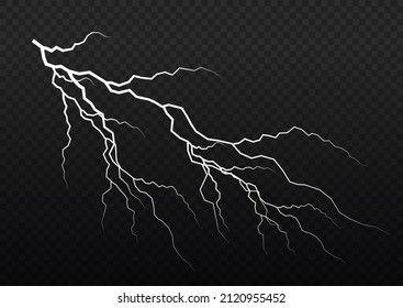 Realistischer Gewitter und Beleuchtung. Licht und Glanz, abstrakt, Strom und Explosion. Blitze oder Stromschnellen Sturm oder Gewitter auf transparentem Hintergrund. Vektorgrafik. 