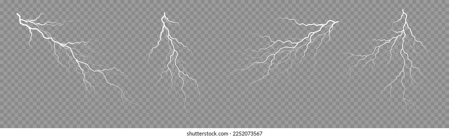 Realistic thunderstorm and lighting. Light white and shine, abstract, electricity and explosion. Bolt lightning or electricity blast storm or thunderbolt on transparent background. Vector illustration