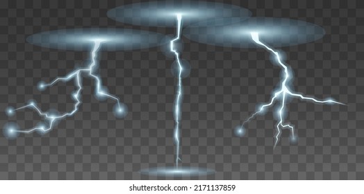 Realistic thunderstorm and lightning bolt. Lightning collection on blue transparent background. The effect of lightning and lighting, set of zippers, thunderstorm and lightning. Bright light effects
