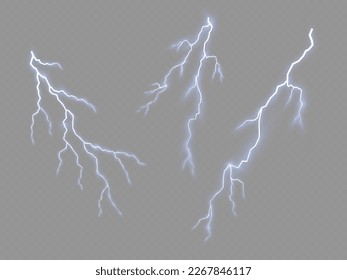 Realistic thunderstorm, white and blue lighting. Light and shine, abstract, electricity and explosion. Bolt lightning or electricity blast storm or thunderbolt on transparent background, vector.