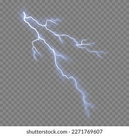 Tormenta eléctrica realista, iluminación blanca y azul. Tornillo de relámpago o ráfagas de electricidad sobre fondo transparente. Luz y brillo, abstracto, electricidad y explosión, vector.