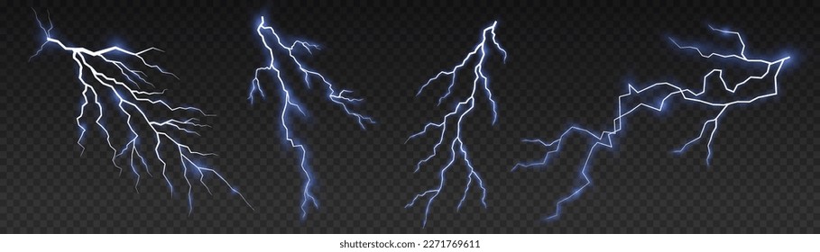 Realistic thunderstorm, white and blue lighting. Bolt lightning or electricity blast storm or thunderbolt on transparent background. Light and shine, abstract, electricity and explosion, vector.