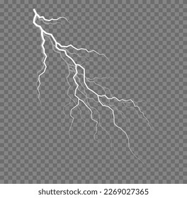 Tormenta eléctrica realista, iluminación blanca. Tornillo de relámpago o ráfagas de electricidad sobre fondo transparente. Luz y brillo, abstracto, electricidad y explosión. Ilustración vectorial.
