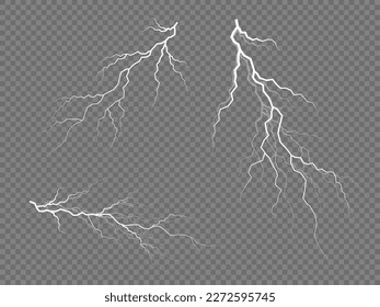 Realistic thunderstorm, white lighting. Bolt lightning or electricity blast storm or thunderbolt on transparent background. Light and shine, abstract, electricity and explosion. Vector illustration.