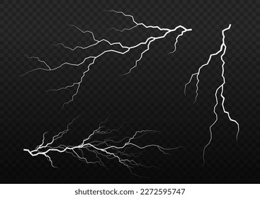 Realistic thunderstorm, white lighting. Light and shine, abstract, electricity and explosion. Bolt lightning or electricity blast storm or thunderbolt on transparent background. Vector illustration.