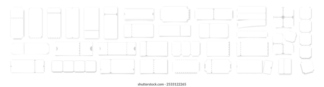 Tickets realistas en blanco con sombra. Iconos de Cupón sobre fondo transparente. Cupones, loterías, entradas, cine, conciertos, embarque en el transporte