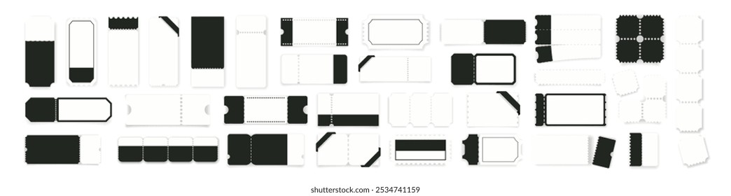 Realistic tickes  blank set with shadow. Coupon icons on transparent background. Coupons, lotterys, tickets movie, concert, boarding on transport