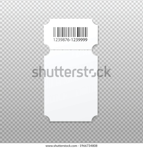 Realistic ticket with\
carved round edges and bar code template - blank white mockup of\
label sticker or entrance coupon isolated on transparent\
background. Vector\
illustration.