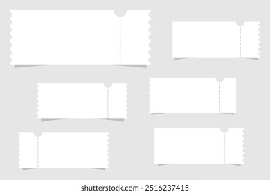 Realistic ticket with stub rip line with shadow on gray isolated background.