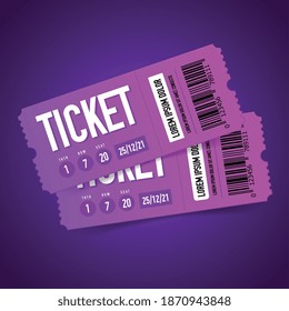 Composición de entradas realistas con fondo neón y cupones de papel con texto editable e ilustración vectorial de código de barras impreso