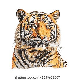 Realistic tiger head illustration in vibrant watercolor style