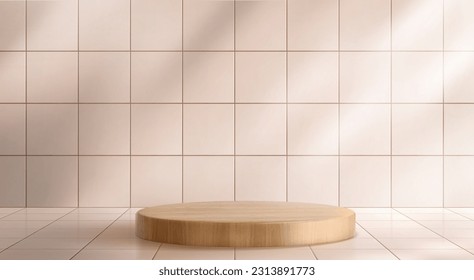 Realistic tiled background with round wooden podium. Vector illustration of natural oak platform for beauty product presentation, interior design accessory, modern beige bathroom wall and floor