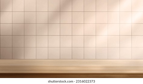 Realistic tiled kitchen or bathroom wall with wooden shelf and shadows. Vector illustration of natural oak table top for cooking, beauty product presentation platform, trendy beige interior element