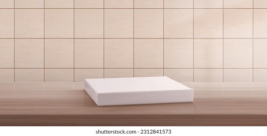 Muro de baldosas realistas, caja de jabón blanco sobre una repisa de madera. Ilustración vectorial de la mockup de plástico de podio para demostración de productos de belleza, mesa de cocina hecha de madera de roble natural, baño beige interior