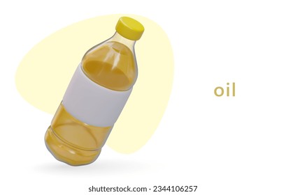 Realistic tilted bottle filled with purified oil. Ecological natural vegetarian ingredient. Caring for healthy diet. Concept for oil producers, grocery stores