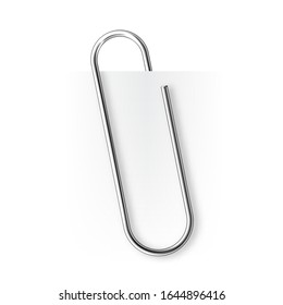 Realistic tilted metal paper clip. Page holder, binder. Vector illustration.