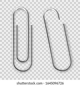 Realistic tilted metal paper clip. Page holder, binder. Vector illustration.