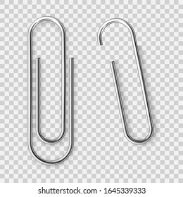 Realistic Tilted Metal Paper Clip. Page Holder, Binder. Vector Illustration.