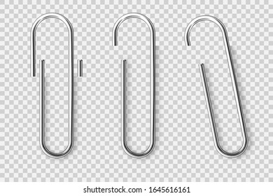 Realistic tilted metal paper clip. Page holder, binder. Vector illustration.